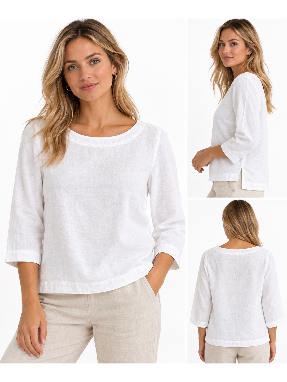 Halston White 100% Linen 3/4 Sleeve Blouse, Size Medium